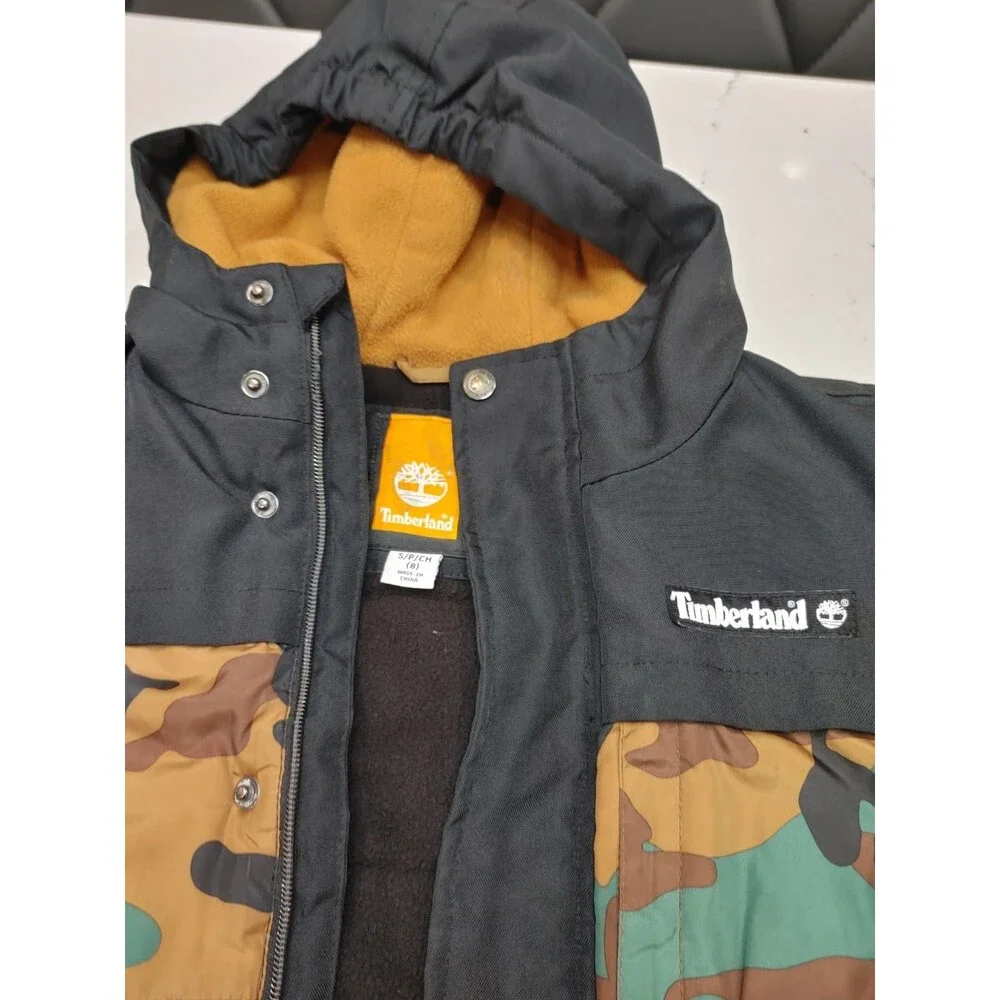 Timberland Boys Kids Puffer Coat Full Zip Hooded Jacket (Camouflage, S- 8) (0010